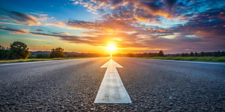 Fotografía en ángulo bajo de una flecha blanca en una carretera de asfalto durante el atardecer, concepto de camino recto, dirección hacia el éxito y guía para el futuro.