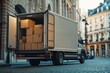© InfiniteStudio - A delivery truck parked on a city street, with open doors revealing packed boxes ready for moving in the afternoon light