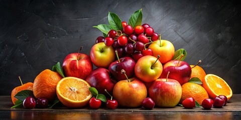 Wall Mural - A colorful arrangement of fresh fruits, including apples, oranges, and cherries, showcasing the vibrant hues of nature's bounty.