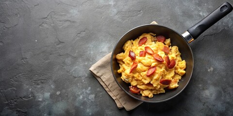 Scrambled Eggs with Red Pepper Slices in a Black Skillet on a Dark Grey Background