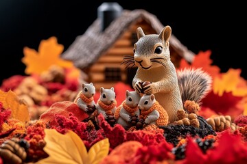 Wall Mural - Create a whimsical autumn scene with a cozy woodland cabin, surrounded by squirrels gathering acorns among vibrant red and orange leaves. A family of squirrels is featured prominently in the