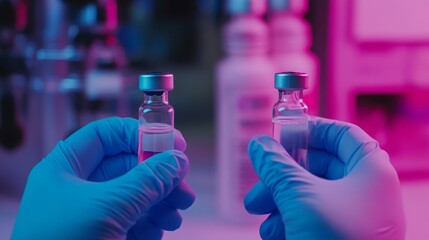 Poster - A scientist in a laboratory grips two vials containing liquid, showcasing laboratory work in progress. The setting is illuminated with vivid purple and blue lights, enhancing the research atmosphere.