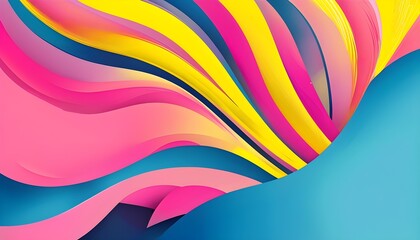 Vibrant Abstract Composition with Bright Yellow Stripes, Pink Banner, and Blue Background