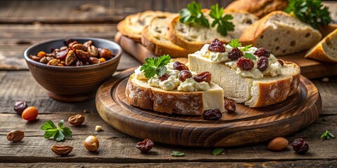 A rustic wooden board with two slices of bread topped with a creamy spread, dried fruit, and fresh herbs.