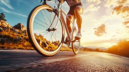 A cyclist's strong legs pedaling uphill, embodying the concept of Olympic-level strength and endurance in summer.