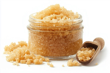 Jar of sugar scrub crystal for spa on white background.