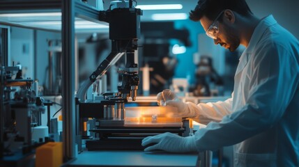 Fototapete - A scientist wearing protective gear meticulously conducts experiments in a high-tech laboratory, utilizing advanced equipment in the evening light. The atmosphere is focused and professional.