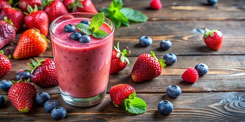 Wall Mural - A refreshing glass of berry smoothie with fresh strawberries, blueberries, and mint leaves on a rustic wooden surface