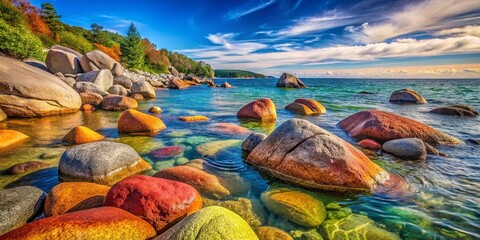 a serene seascape with vibrant blue water, scattered with smooth, colorful rocks, and a backdrop of 