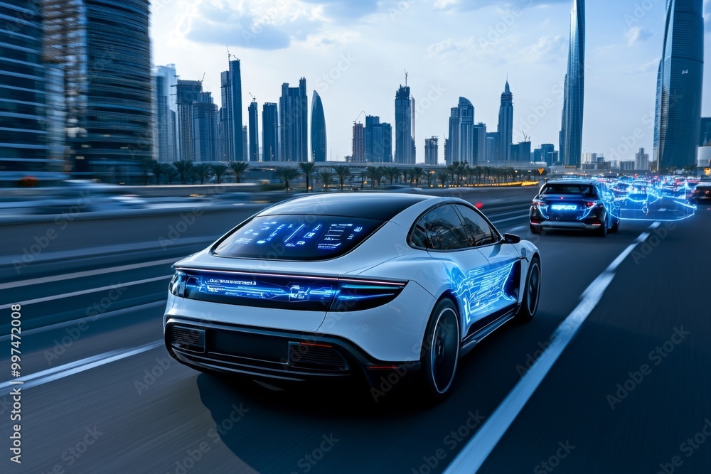 Futuristic electric vehicles driving in a smart city, with AI managing ...