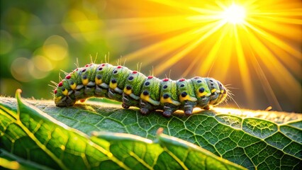 A vibrant green caterpillar with yellow and red accents crawls across a lush green leaf, basking in the warmth of the setting sun.