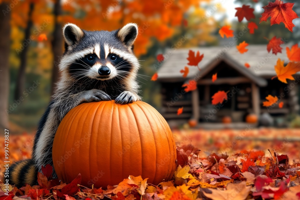 Generate an enchanting fall scene featuring a raccoon sitting beside a ...