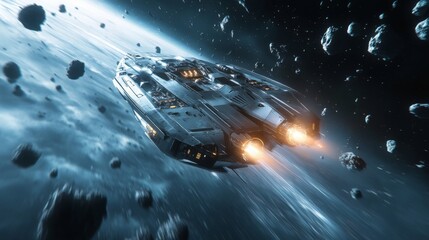 Aufkleber - A futuristic spaceship maneuvers skillfully through a dense asteroid belt, illuminated by distant stars