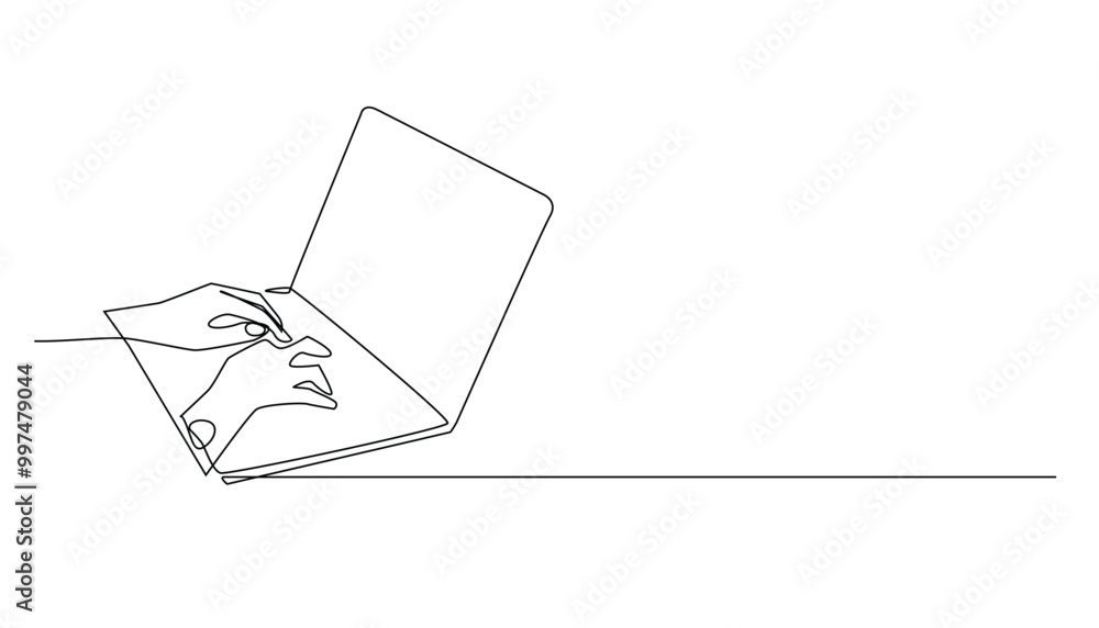 Continuous Line Drawing Of Hands Typing On Laptop Keyboard Board One
