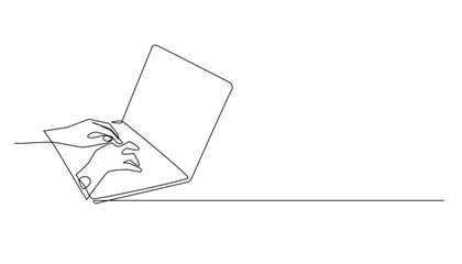 continuous line drawing of hands typing on laptop keyboard board.one line drawing of working with la