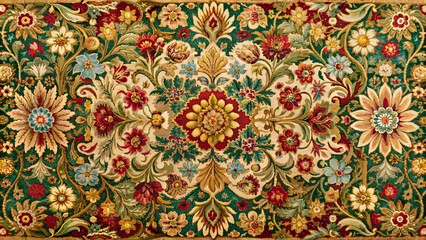 Richly colored vintage tapestry featuring an intricate antique textile design, vintage, tapestry, background, rich colors