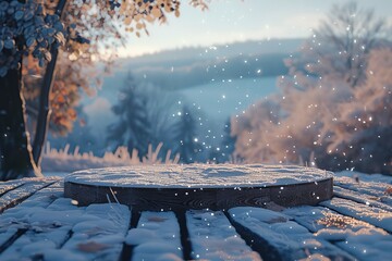 Poster - Snowy Winter Landscape with Wooden Tabletop