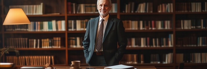 Fototapete - A distinguished professor in a suit smiles confidently while standing in front of a well-stocked bookshelf in a library. Generative AI