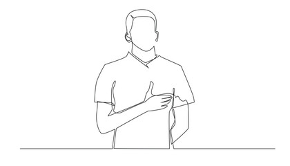 continuous line of football athlete singing the national anthem.pose of football player putting hand on chest and singing national anthem.one line vector illustration