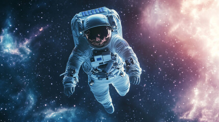 A futuristic astronaut in a white spacesuit floats through space. The background is a computer-generated 3D image.