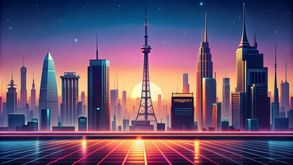 Wall Mural - Retro-futuristic metropolis skyline with digital radio tower, futuristic, cityscape, skyline, skyscrapers, technology