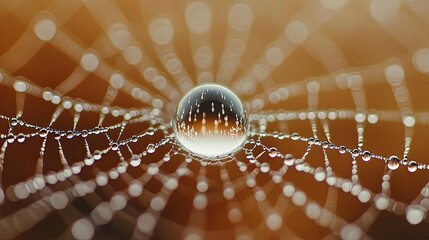 A Single Water Droplet Captured on a Spider Web with Blurred Background of Light