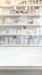 Wall Mural - Blurred pharmacy shelves backdrop with white counter in foreground, creating professional medical setting for product display or healthcare concept.