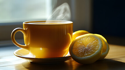 Steaming Lemon Honey Tea in a Yellow Mug