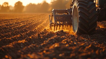 Wall Mural - A close-up of a plow cutting through soil, preparing the field for planting in the early morning light