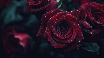 Poster - Deep red roses glisten with delicate water droplets, exuding beauty and freshness on a serene afternoon. Generative AI