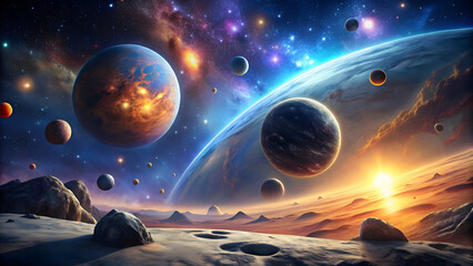 Galaxy wallpaper featuring a futuristic space landscape with planets, stars, and intergalactic rocks, Galaxy