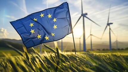 European Flag with Wind Turbines in Background