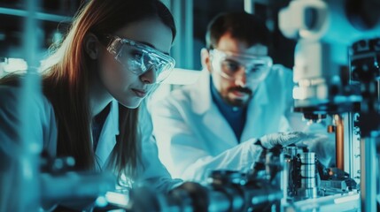 Aufkleber - A woman and a man in lab coats and protective eyewear are engaged in scientific experiments. The modern laboratory is equipped with advanced equipment, illuminated by soft blue lights.