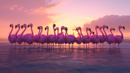 A group of flamingos stands together during a vibrant sunset