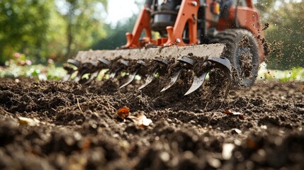 Wall Mural - A close-up of a rotary tiller breaking up compacted soil, making it loose and ready for planting