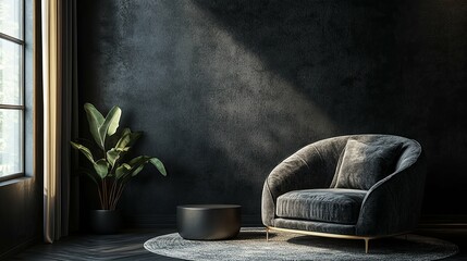 Wall Mural - A Luxurious Black Armchair in a Modern Interior with a Plant and a Window