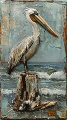 Artistic Pelican Illustration on Wooden Post