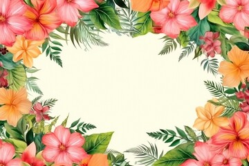 Wall Mural - Floral Frame with Tropical Flowers and Leaves