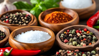 Colorful close-up of spices and seasonings in a rustic wooden bowl, featuring salt, sugar, chili, and pepper for culinary inspiration