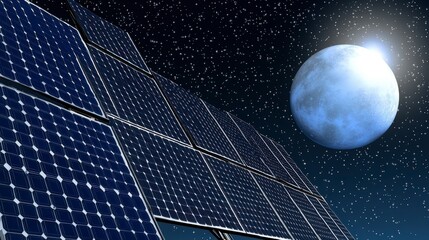 Solar panels generating energy under a bright moonlit night sky