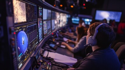 Aufkleber - A man wearing headphones looks intently at a computer screen showing a satellite image. He sits in a dimly lit control room surrounded by multiple computer screens.