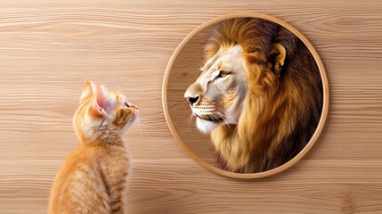 Kitten Gazing at Lion Reflection in Round Mirror  Surreal Animal Concept