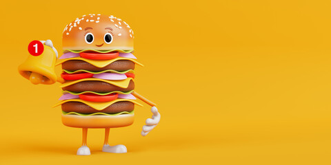 Leinwandbilder - Cartoon Premium Delicious Burger Icon Person Character Mascot witn Cartoon Social Media Notification Bell and New Message Icon. 3d Rendering
