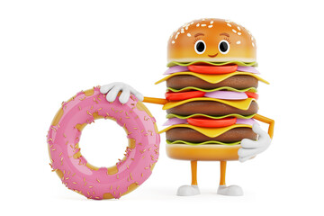 Poster - Cartoon Premium Delicious Burger Icon Person Character Mascot with Big Strawberry Pink Glazed Donut. 3d Rendering