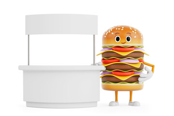 Leinwandbilder - Cartoon Premium Delicious Burger Icon Person Character Mascot near Blank Promotion Stand with Free Space for Your Design. 3d Rendering