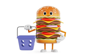 Aufkleber - Cartoon Premium Delicious Burger Icon Person Character Mascot with Cartoon Shopping Basket. 3d Rendering