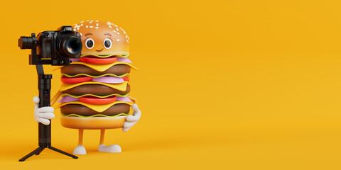 Leinwandbilder - Cartoon Premium Delicious Burger Icon Person Character Mascot with DSLR or Video Camera Gimbal Stabilization Tripod System. 3d Rendering