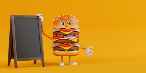 Poster - Cartoon Premium Delicious Burger Icon Person Character Mascot with Blank Wooden Menu Blackboards Outdoor Display. 3d Rendering