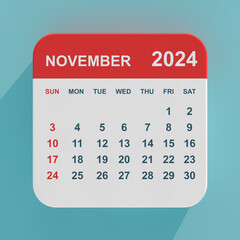 Fototapete - Flat Icon Calendar November 2024. 3d Rendering