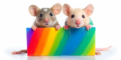 Two cute mice holding a colorful poster together, mice, rodents, animals, teamwork, collaboration, poster, holding, cute, small